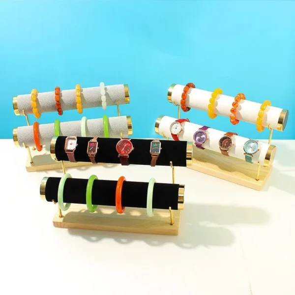 Trụ treo, trưng bày vòng trưng bày trang sức trưng bày đồng hồ 2 tầng đế gỗ kết hợp vải nhung tiện lợi